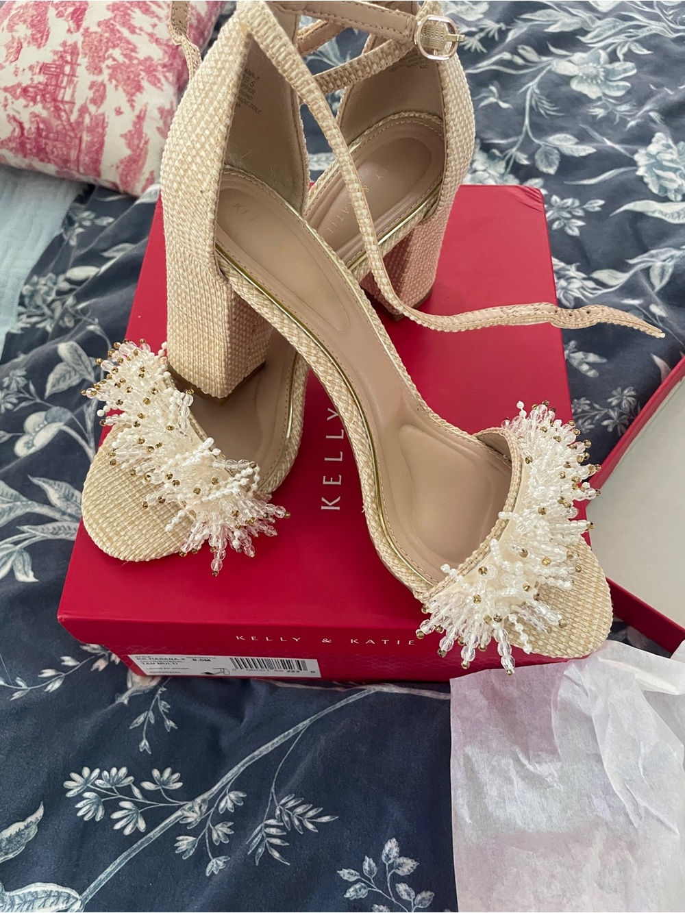 Kelly & Katie Cream Beaded Block Heel Sandals